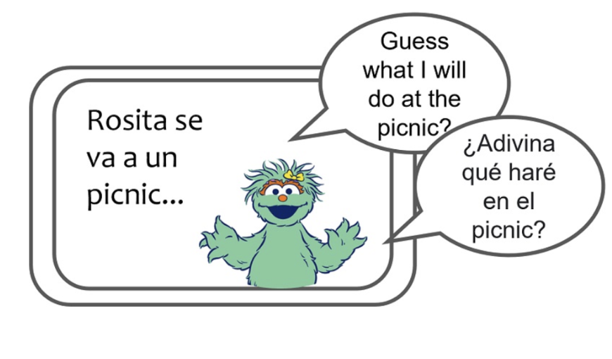 Bilingual Sesame Street storybook with English and Spanish speech bubbles