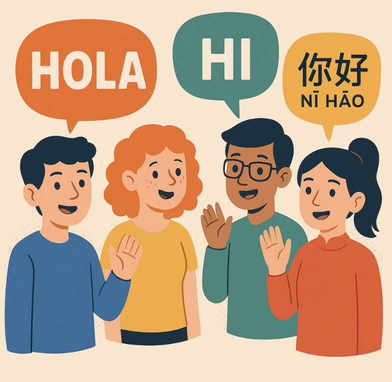 Children greeting each other in multiple languages