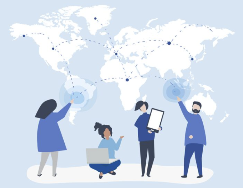 Global collaboration map with people connecting across regions