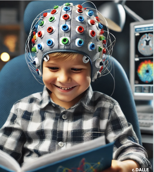 Child wearing an fNIRS cap while reading